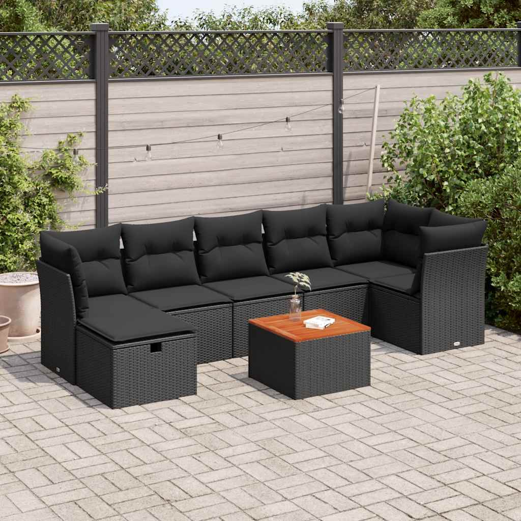 8 részes fekete polyrattan kerti ülőgarnitúra párnákkal