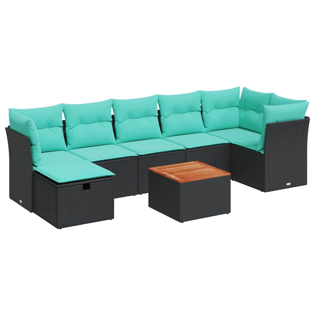 8 részes fekete polyrattan kerti ülőgarnitúra párnákkal