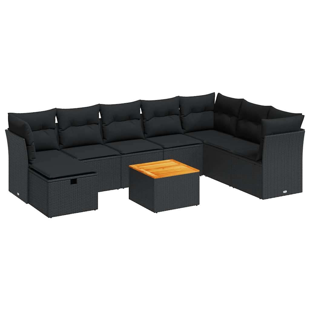 9 részes fekete polyrattan kerti ülőgarnitúra párnákkal