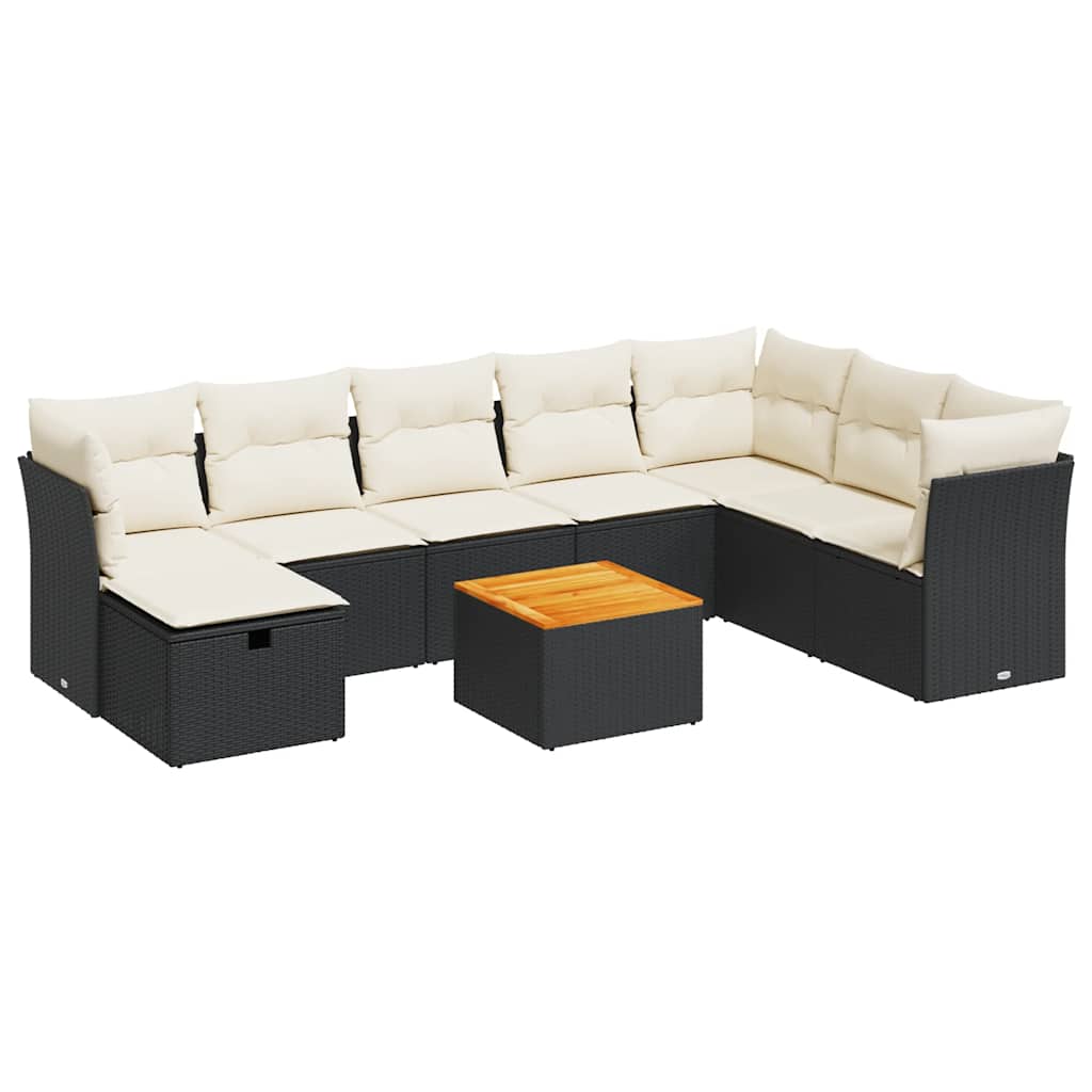 9 részes fekete polyrattan kerti ülőgarnitúra párnákkal