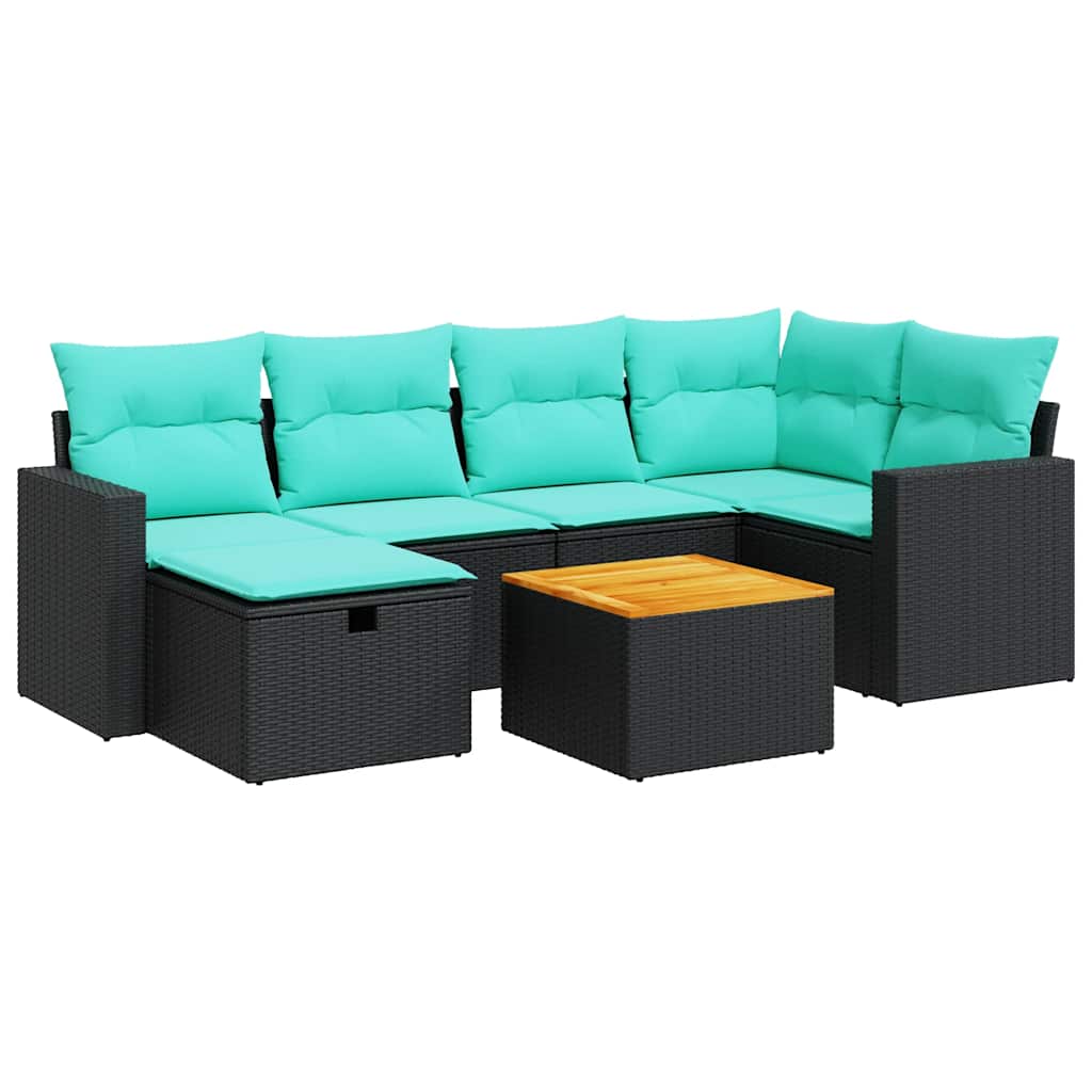 7 részes fekete polyrattan kerti ülőgarnitúra párnával