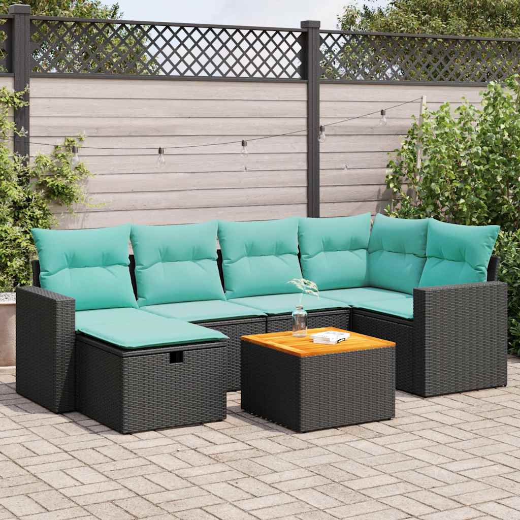 7 részes fekete polyrattan kerti ülőgarnitúra párnával