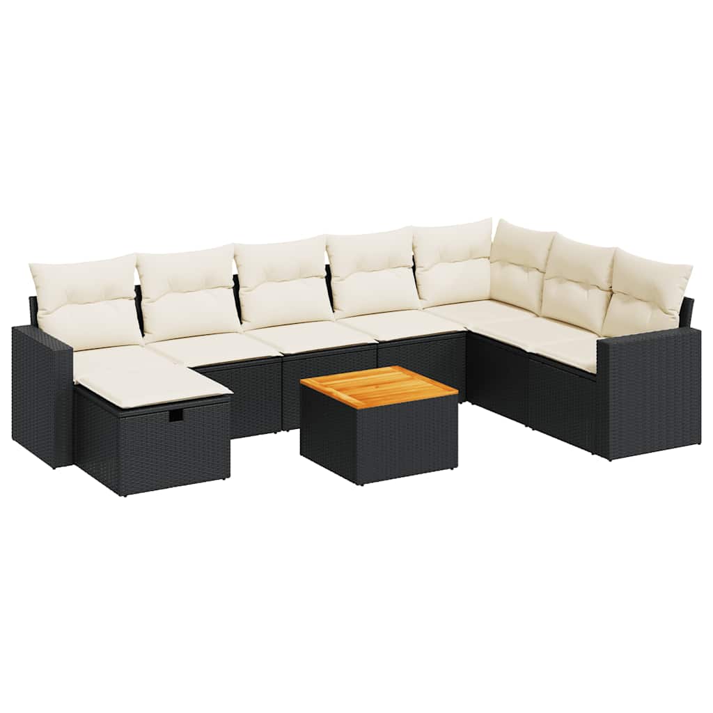 9 részes fekete polyrattan kerti ülőgarnitúra párnákkal