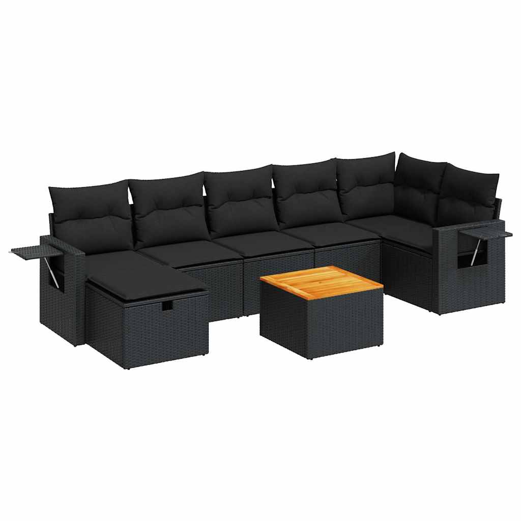 8 részes fekete polyrattan kerti ülőgarnitúra párnákkal