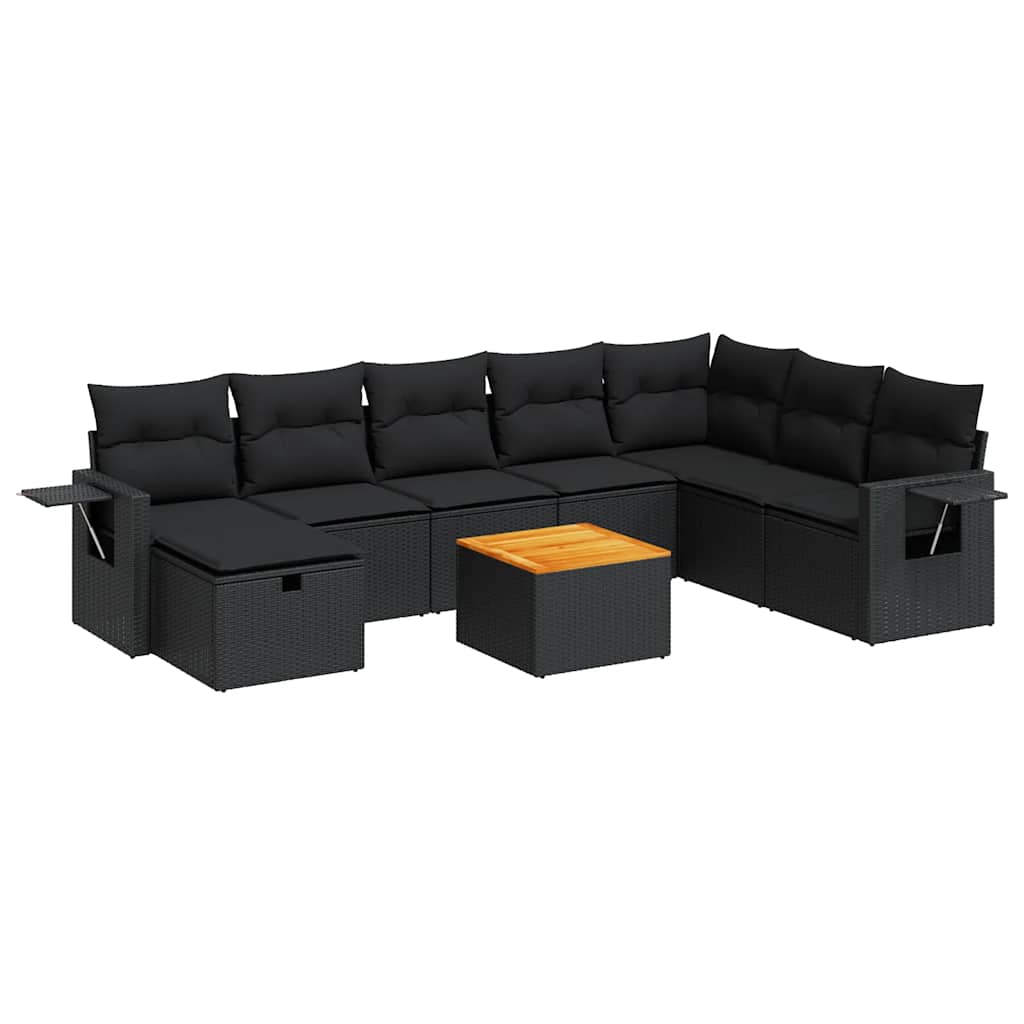 9 részes fekete polyrattan kerti ülőgarnitúra párnákkal