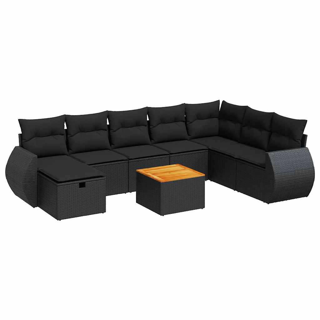 9 részes fekete polyrattan kerti ülőgarnitúra párnákkal