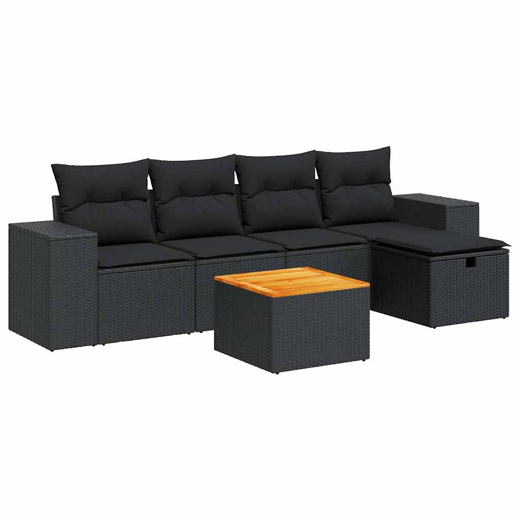 6 részes fekete polyrattan kerti ülőgarnitúra párnákkal