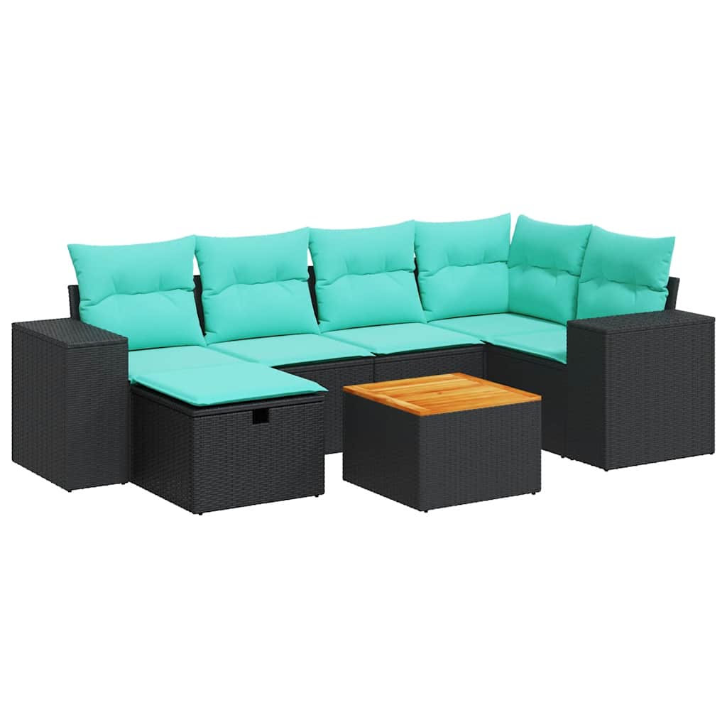 7 részes fekete polyrattan kerti ülőgarnitúra párnával