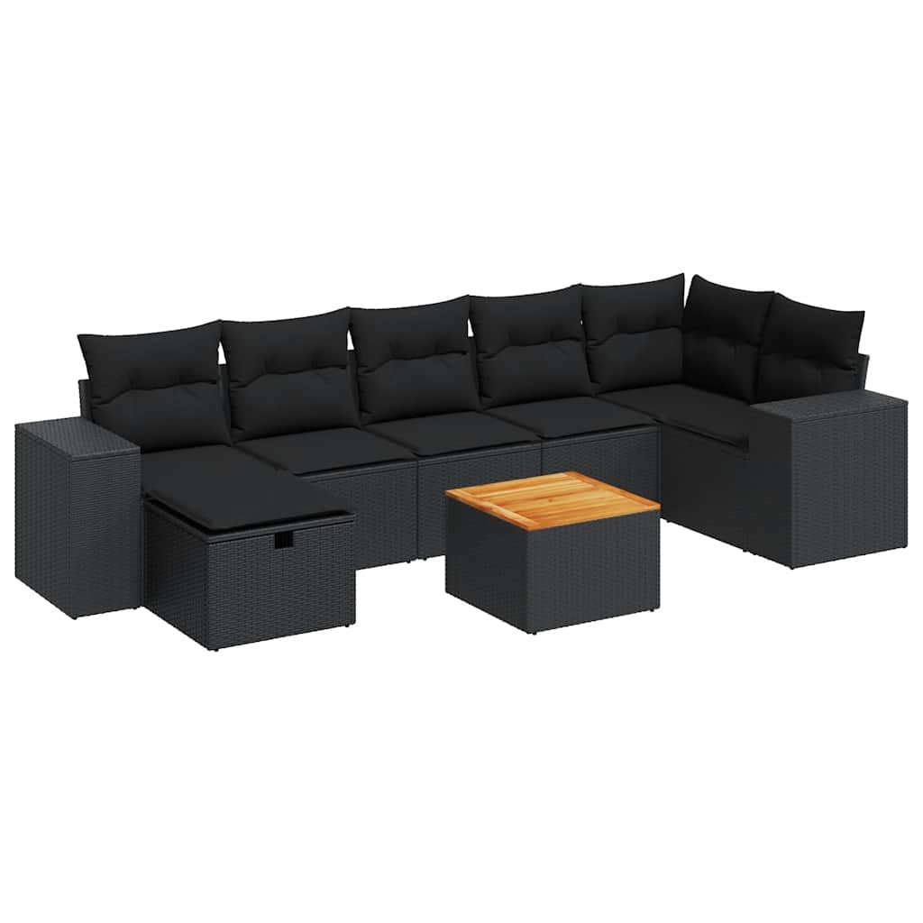 8 részes fekete polyrattan kerti ülőgarnitúra párnákkal