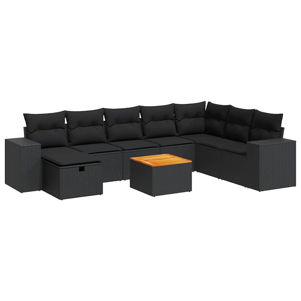 9 részes fekete polyrattan kerti ülőgarnitúra párnákkal