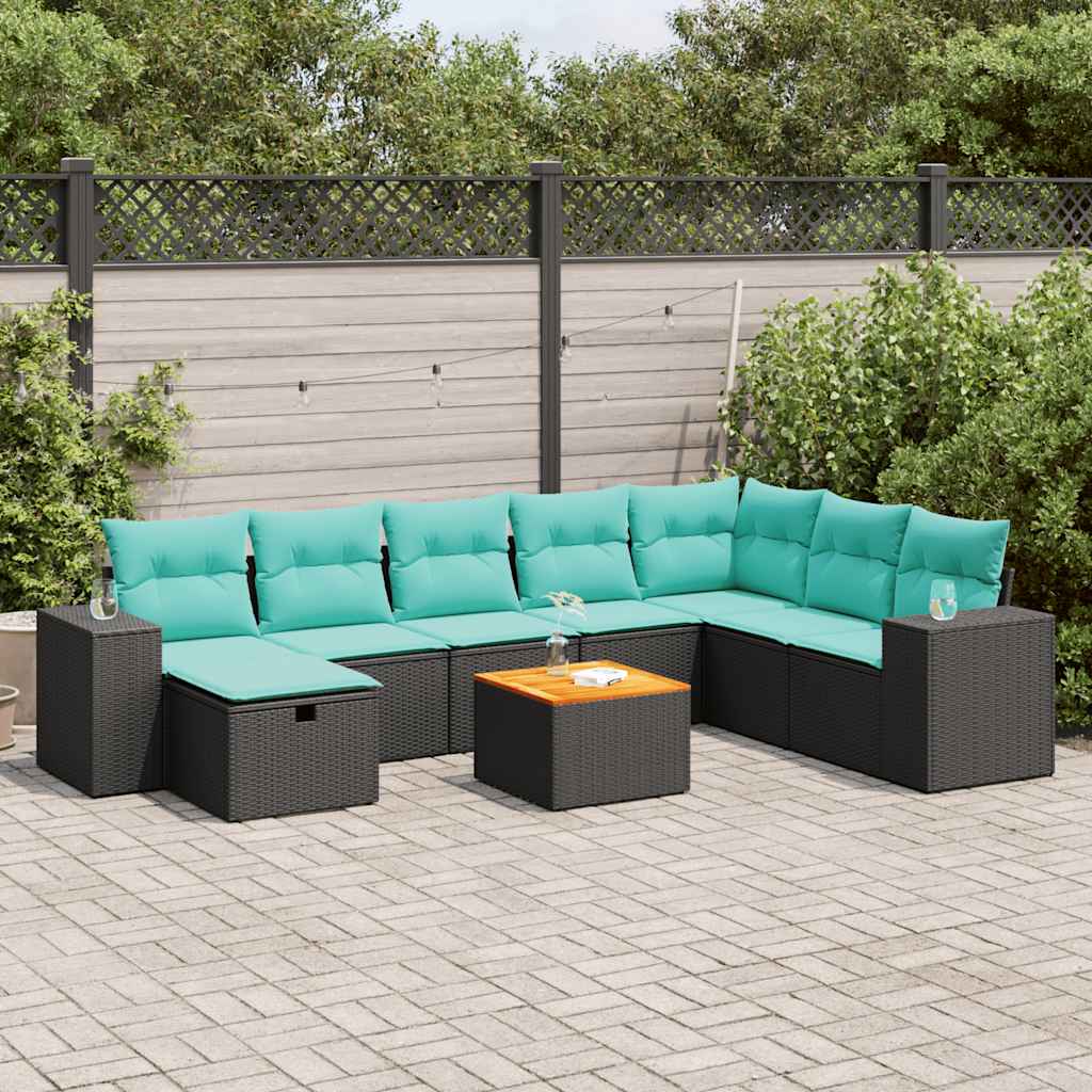 9 részes fekete polyrattan kerti ülőgarnitúra párnákkal
