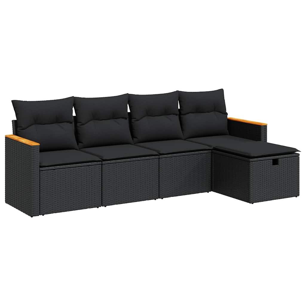 5 részes fekete polyrattan kerti kanapészett párnákkal