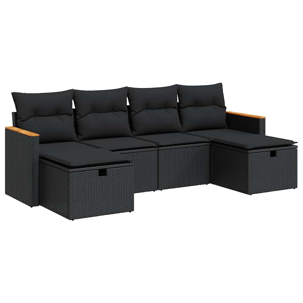 6 részes fekete polyrattan kerti ülőgarnitúra párnákkal
