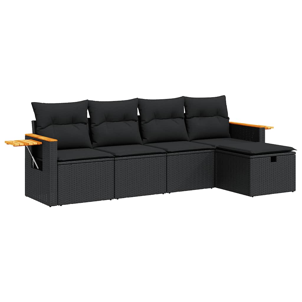 5 részes fekete polyrattan kerti kanapészett párnákkal
