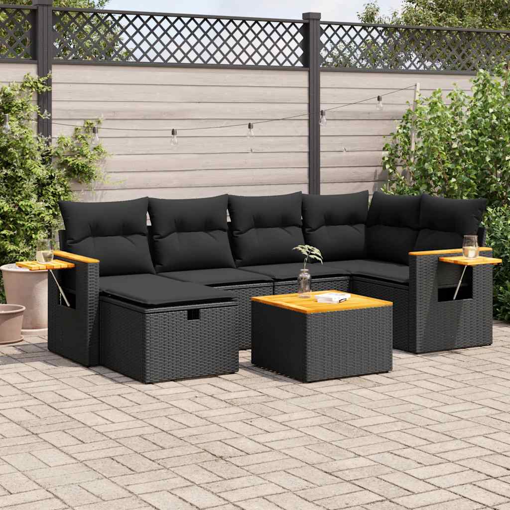 7 részes fekete polyrattan kerti ülőgarnitúra párnával