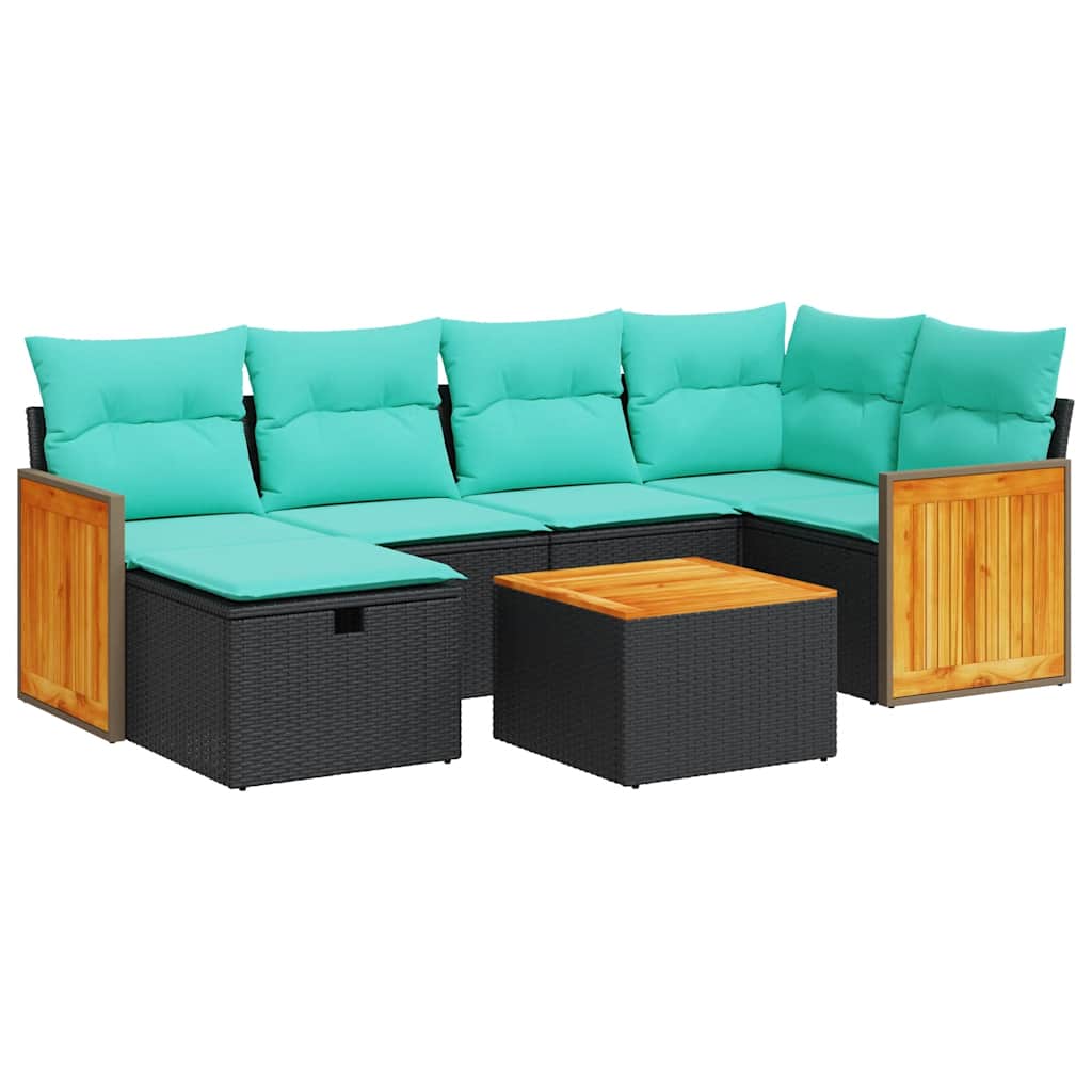 7 részes fekete polyrattan kerti ülőgarnitúra párnával
