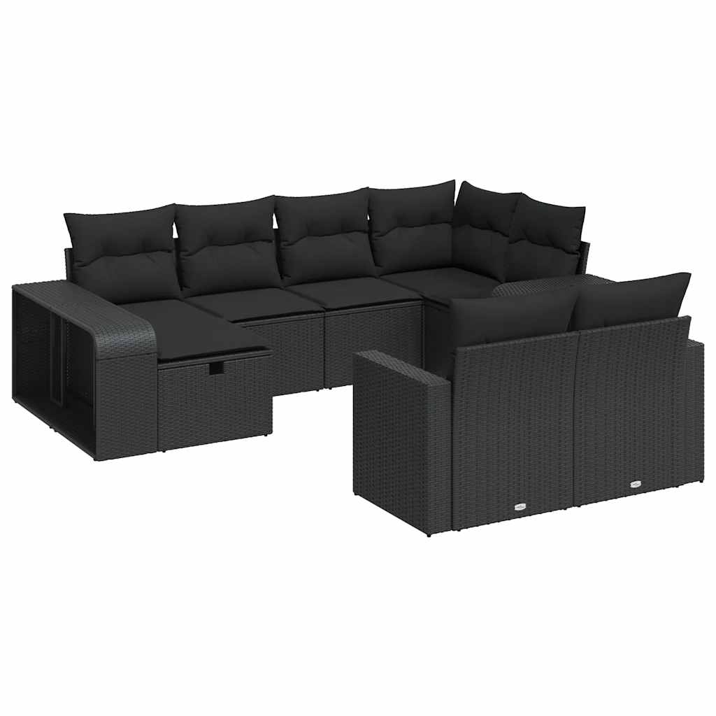 10 részes fekete polyrattan kerti ülőgarnitúra párnákkal