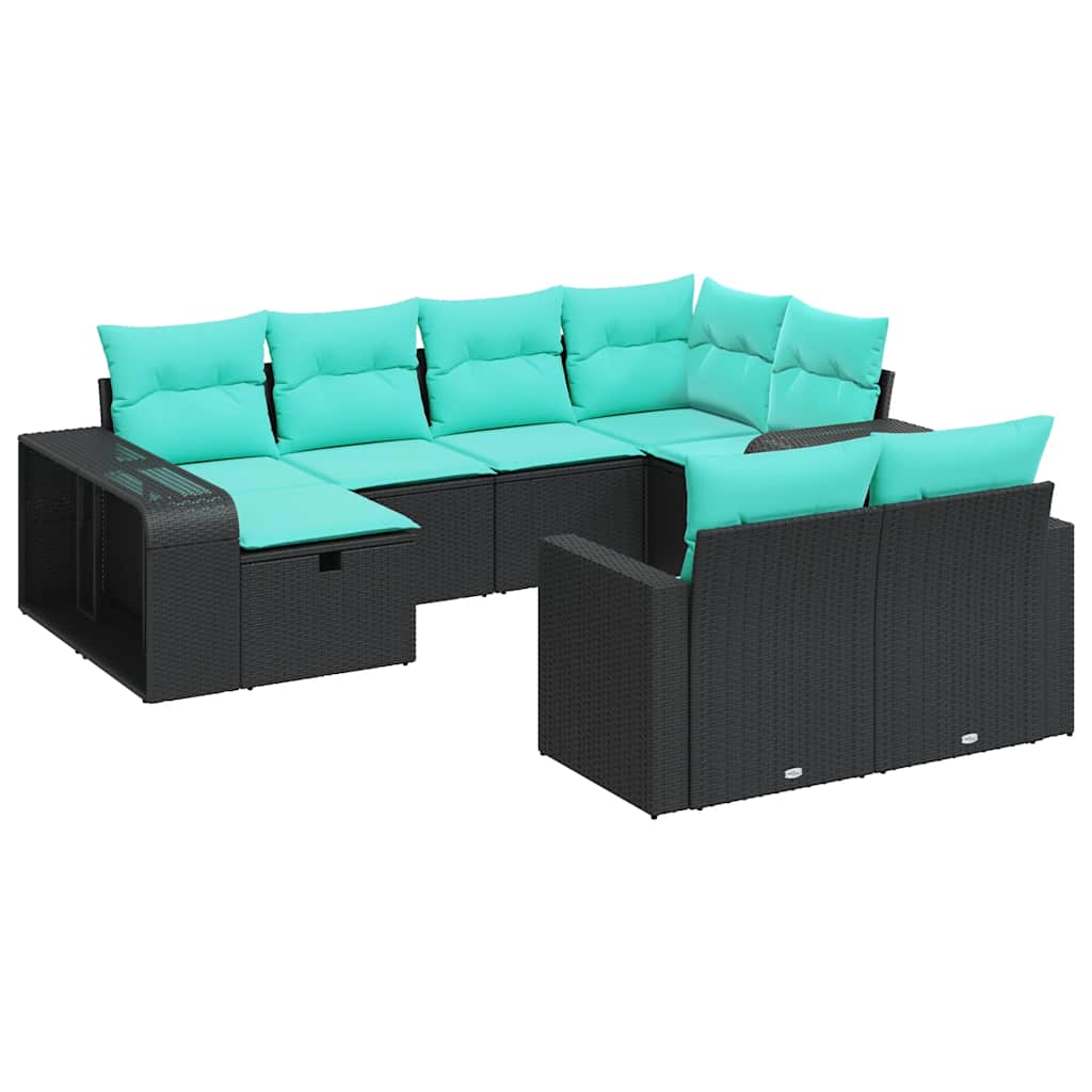 10 részes fekete polyrattan kerti ülőgarnitúra párnákkal