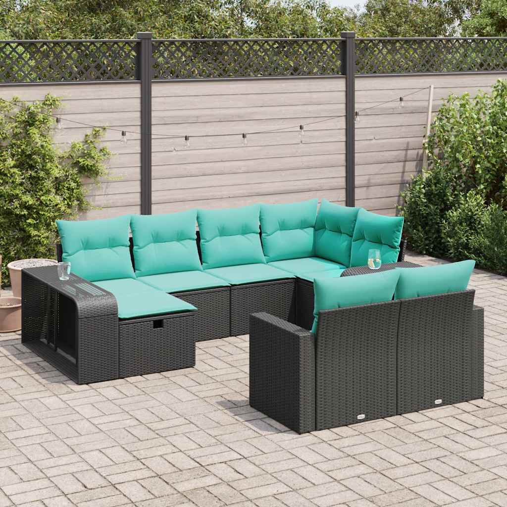 10 részes fekete polyrattan kerti ülőgarnitúra párnákkal