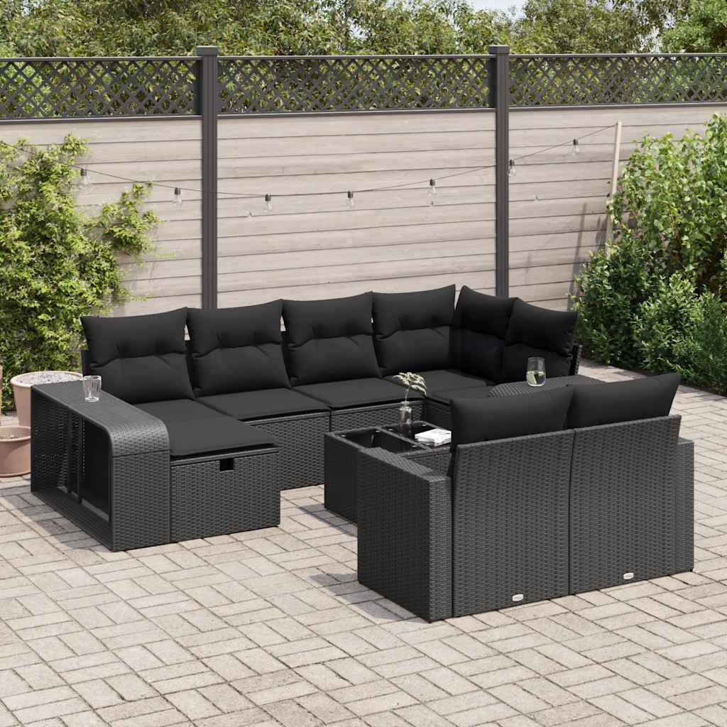 11 részes fekete polyrattan kerti ülőgarnitúra párnákkal