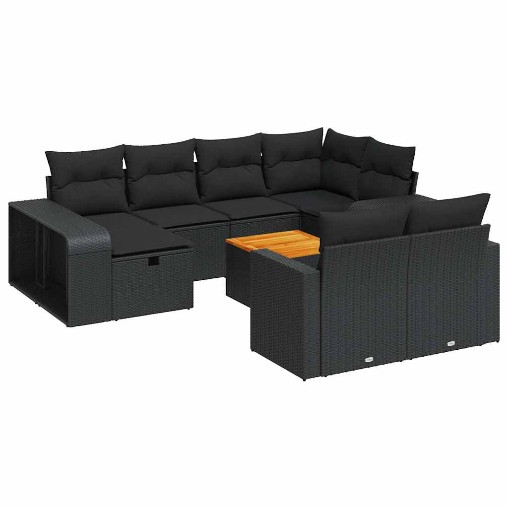 11 részes fekete polyrattan kerti ülőgarnitúra párnákkal