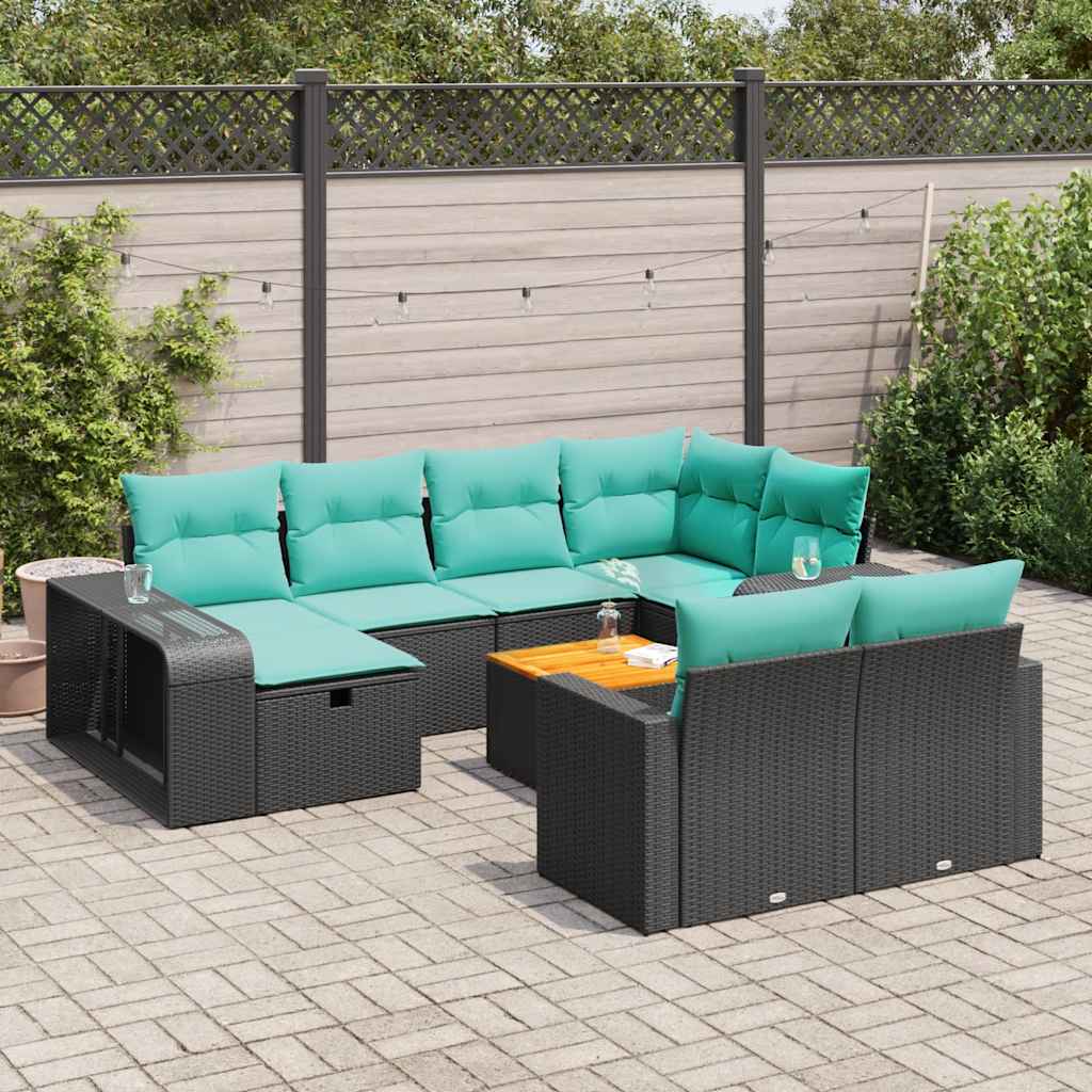 11 részes fekete polyrattan kerti ülőgarnitúra párnákkal