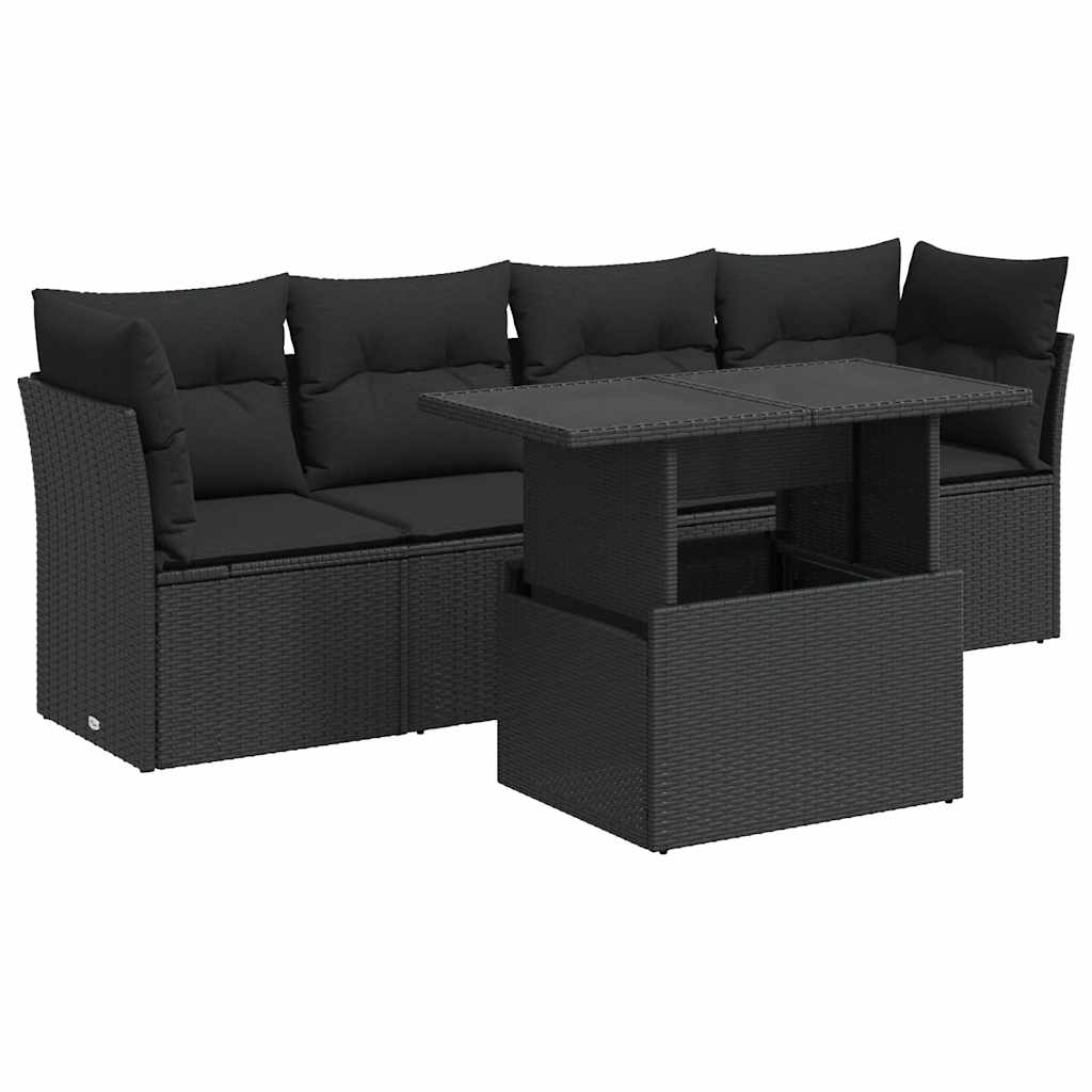 5 részes fekete polyrattan kerti kanapészett párnákkal