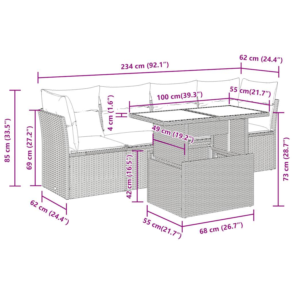 5 részes fekete polyrattan kerti kanapészett párnákkal