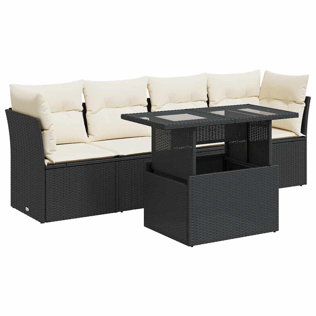 5 részes fekete polyrattan kerti kanapészett párnákkal