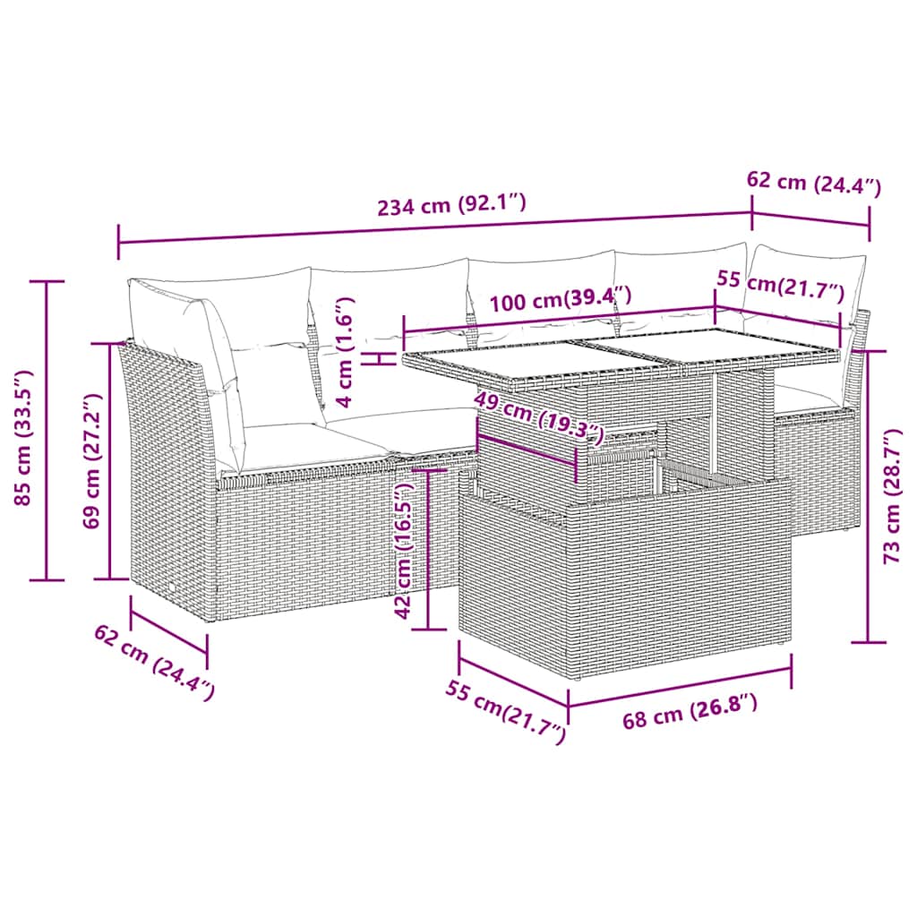 5 részes bézs polyrattan kerti ülőgarnitúra párnákkal