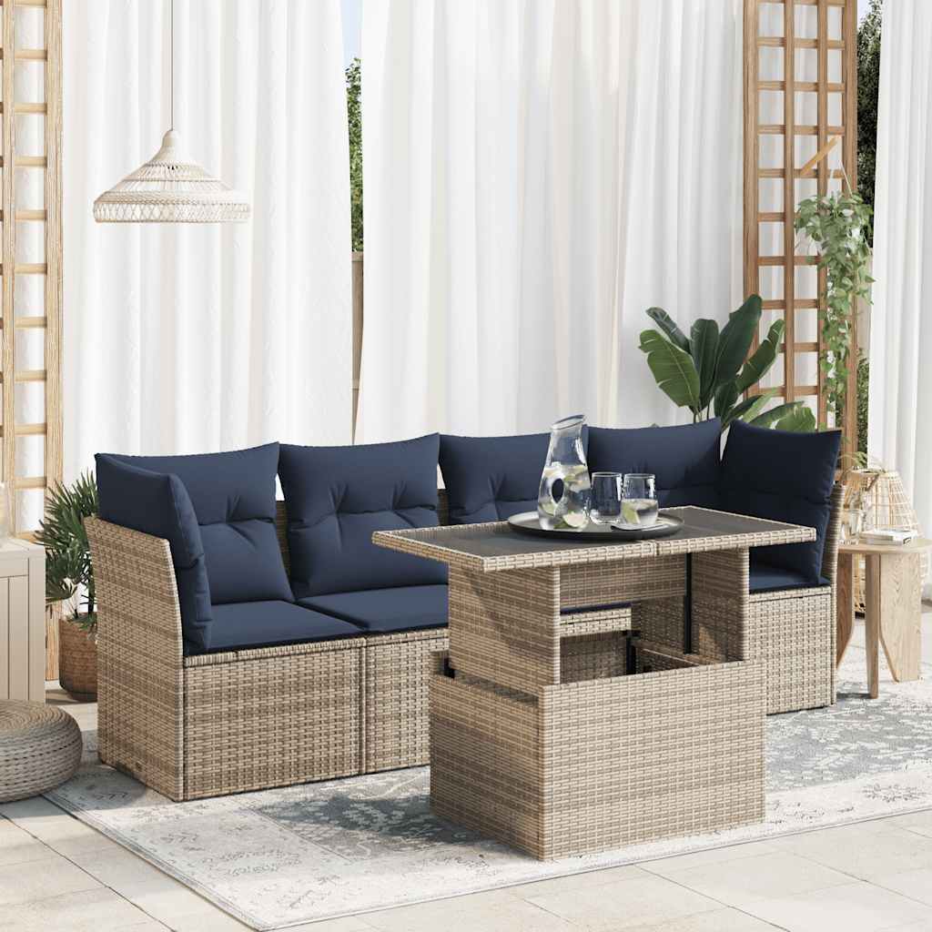 5 részes szürke polyrattan akácfa kerti ülőgarnitúra párnákkal