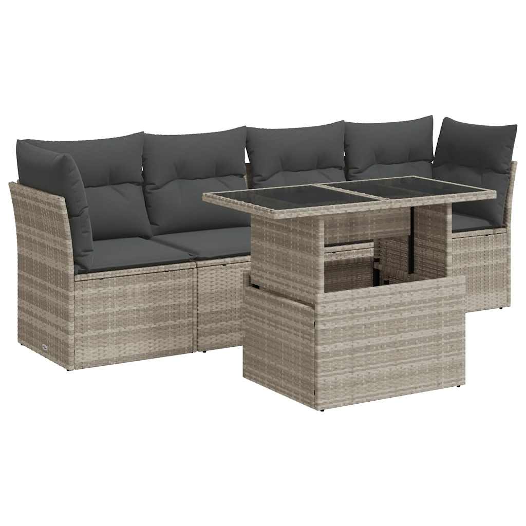 5 részes világosszürke polyrattan kerti ülőgarnitúra párnákkal