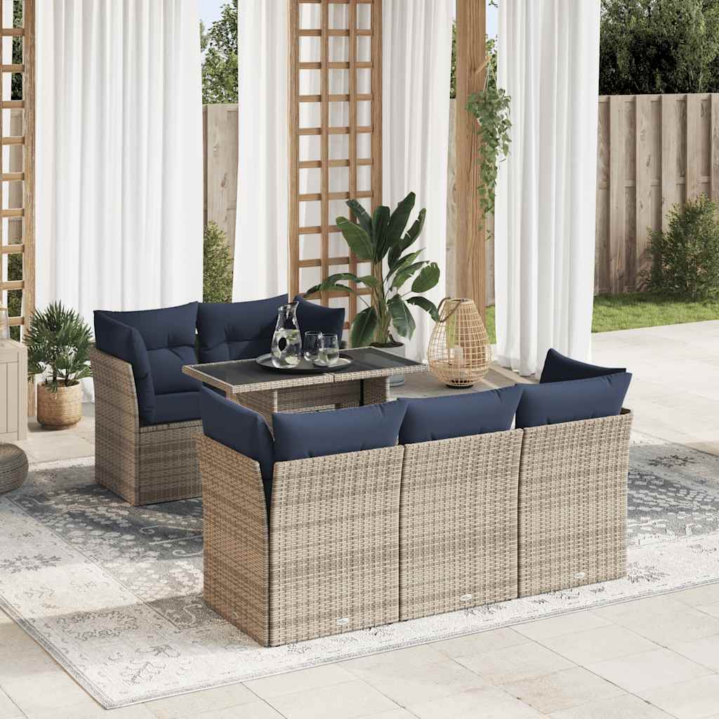 6 részes szürke polyrattan akácfa kerti ülőgarnitúra párnákkal