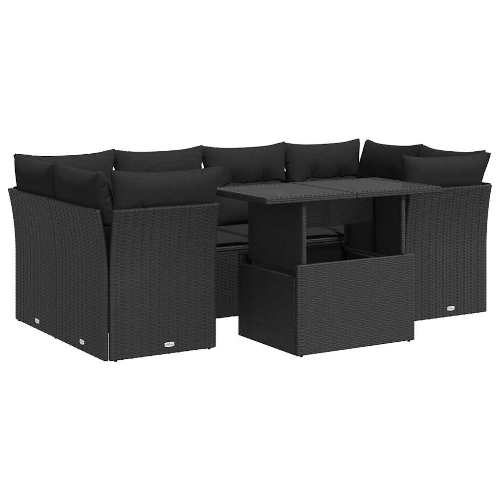 7 részes fekete polyrattan kerti ülőgarnitúra párnával