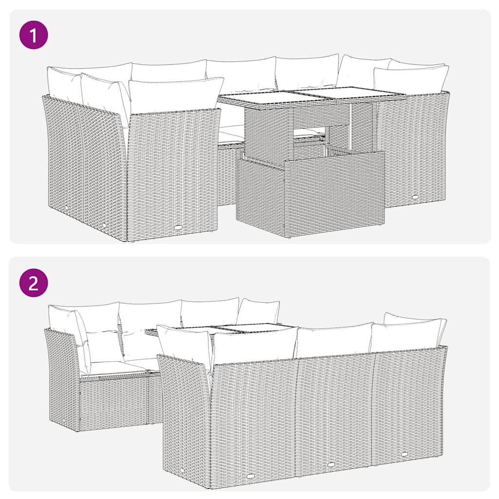 7 részes szürke polyrattan akácfa kerti ülőgarnitúra párnákkal