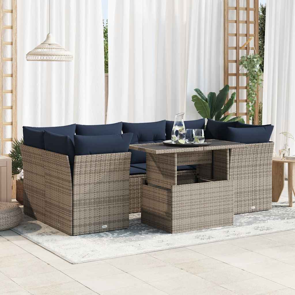 7 részes szürke polyrattan akácfa kerti ülőgarnitúra párnákkal