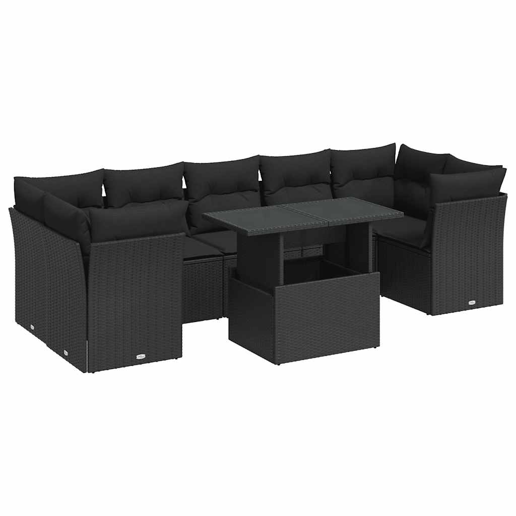 8 részes fekete polyrattan kerti ülőgarnitúra párnákkal