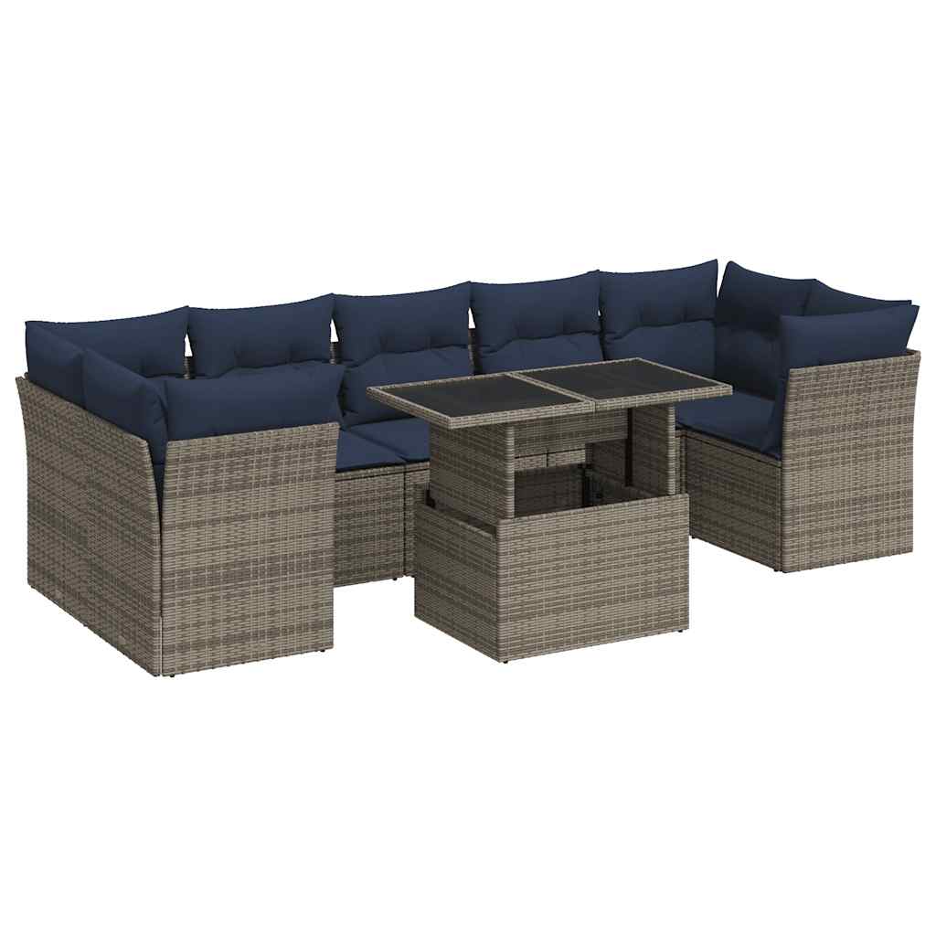 8 részes szürke polyrattan akácfa kerti ülőgarnitúra párnákkal