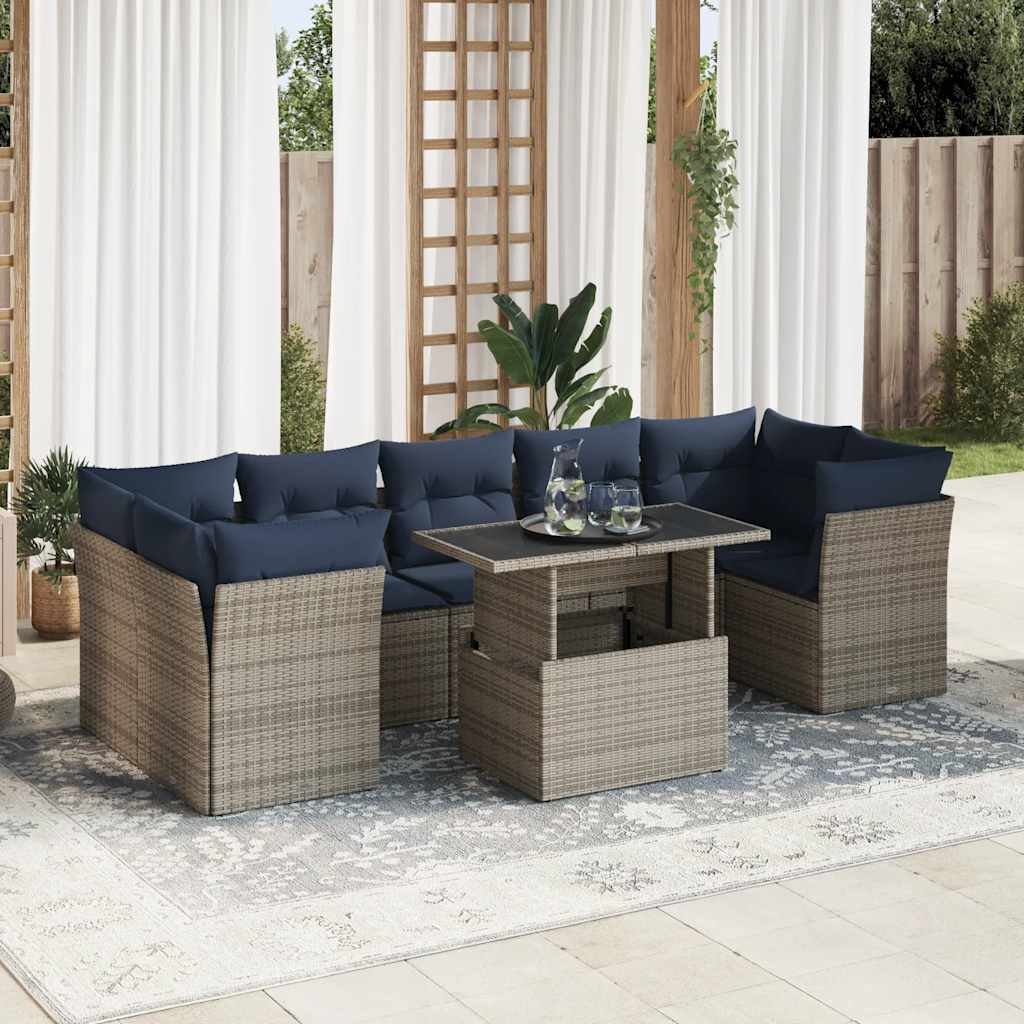 8 részes szürke polyrattan akácfa kerti ülőgarnitúra párnákkal