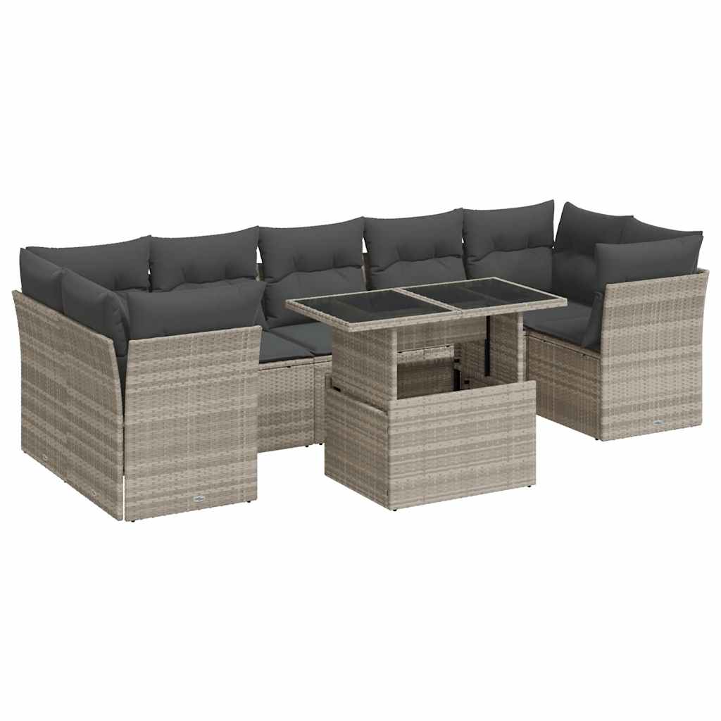 8 részes világosszürke polyrattan kerti ülőgarnitúra párnával