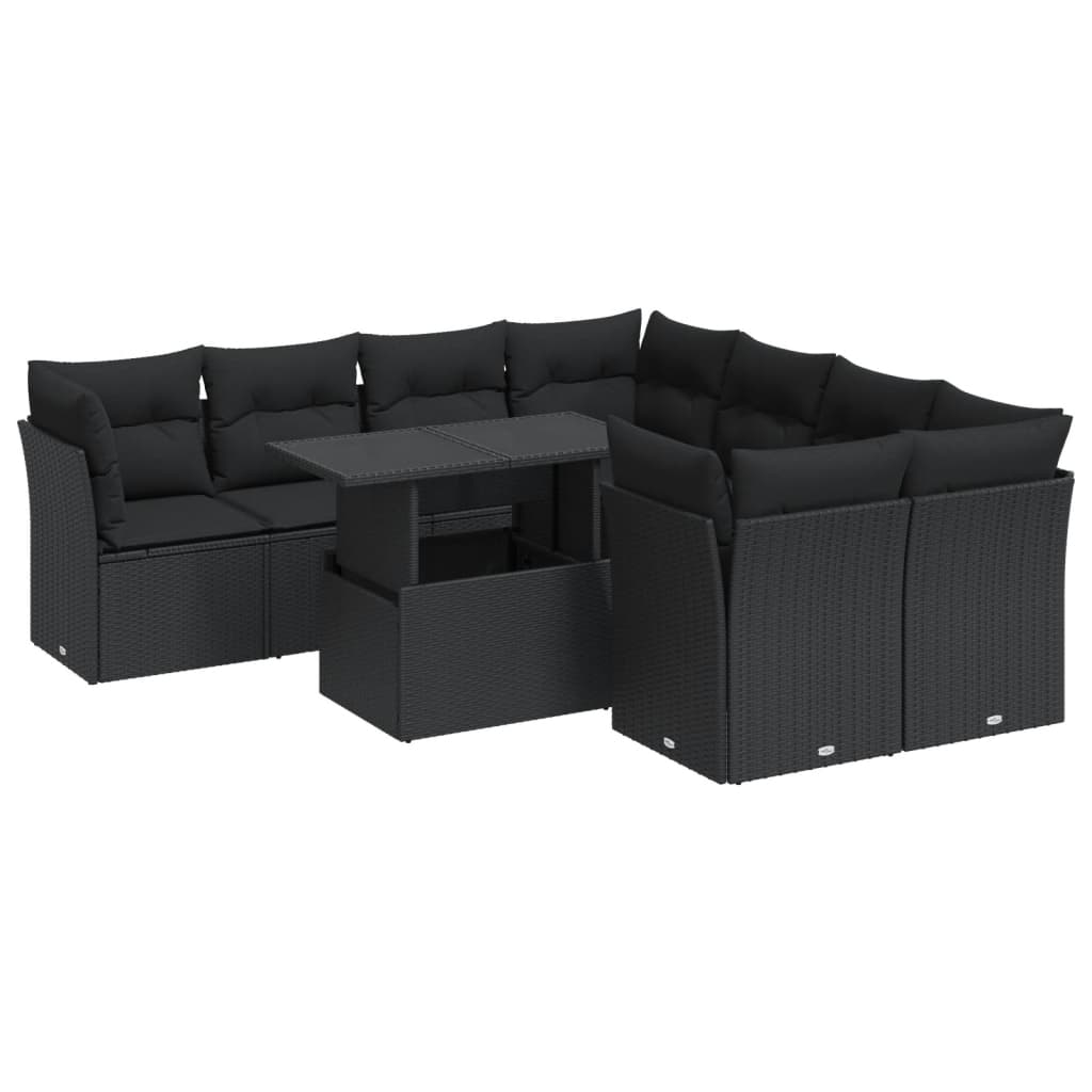 9 részes fekete polyrattan kerti ülőgarnitúra párnákkal
