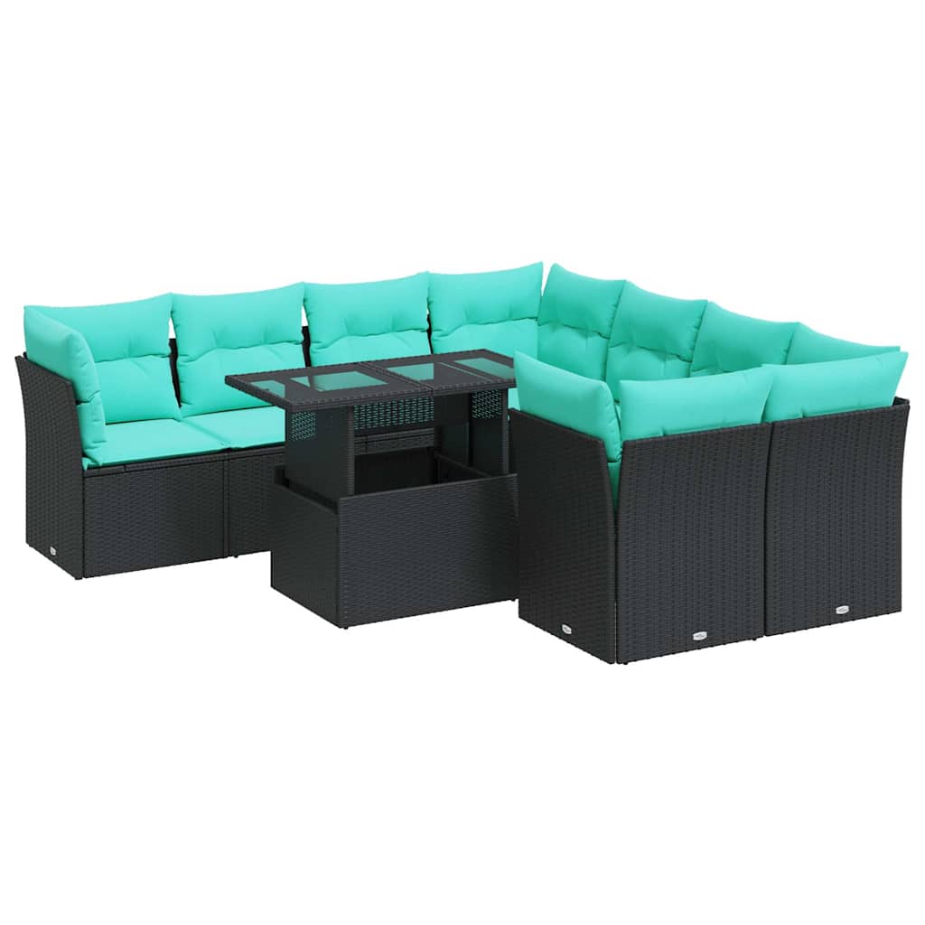 9 részes fekete polyrattan akácfa kerti ülőgarnitúra párnákkal