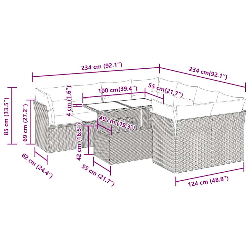 9 részes szürke polyrattan kerti ülőgarnitúra párnákkal