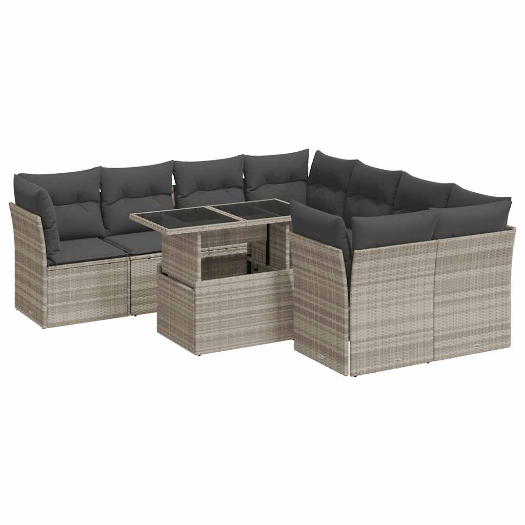 9 részes világosszürke polyrattan kerti ülőgarnitúra párnával