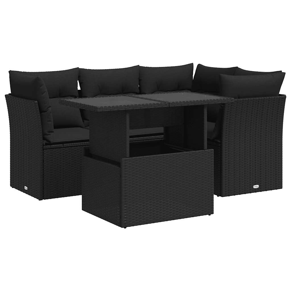 5 részes fekete polyrattan kerti kanapészett párnákkal