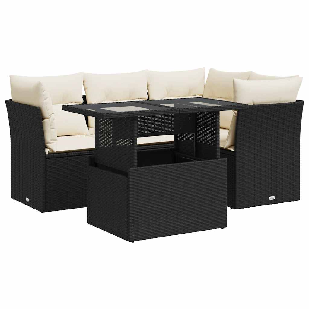 5 részes fekete polyrattan kerti kanapészett párnákkal