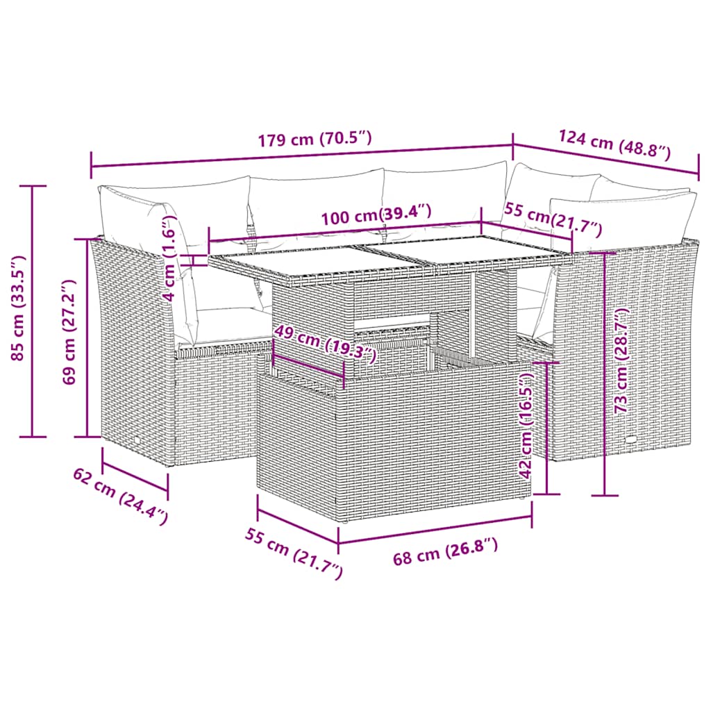 5 részes világosszürke polyrattan kerti ülőgarnitúra párnákkal