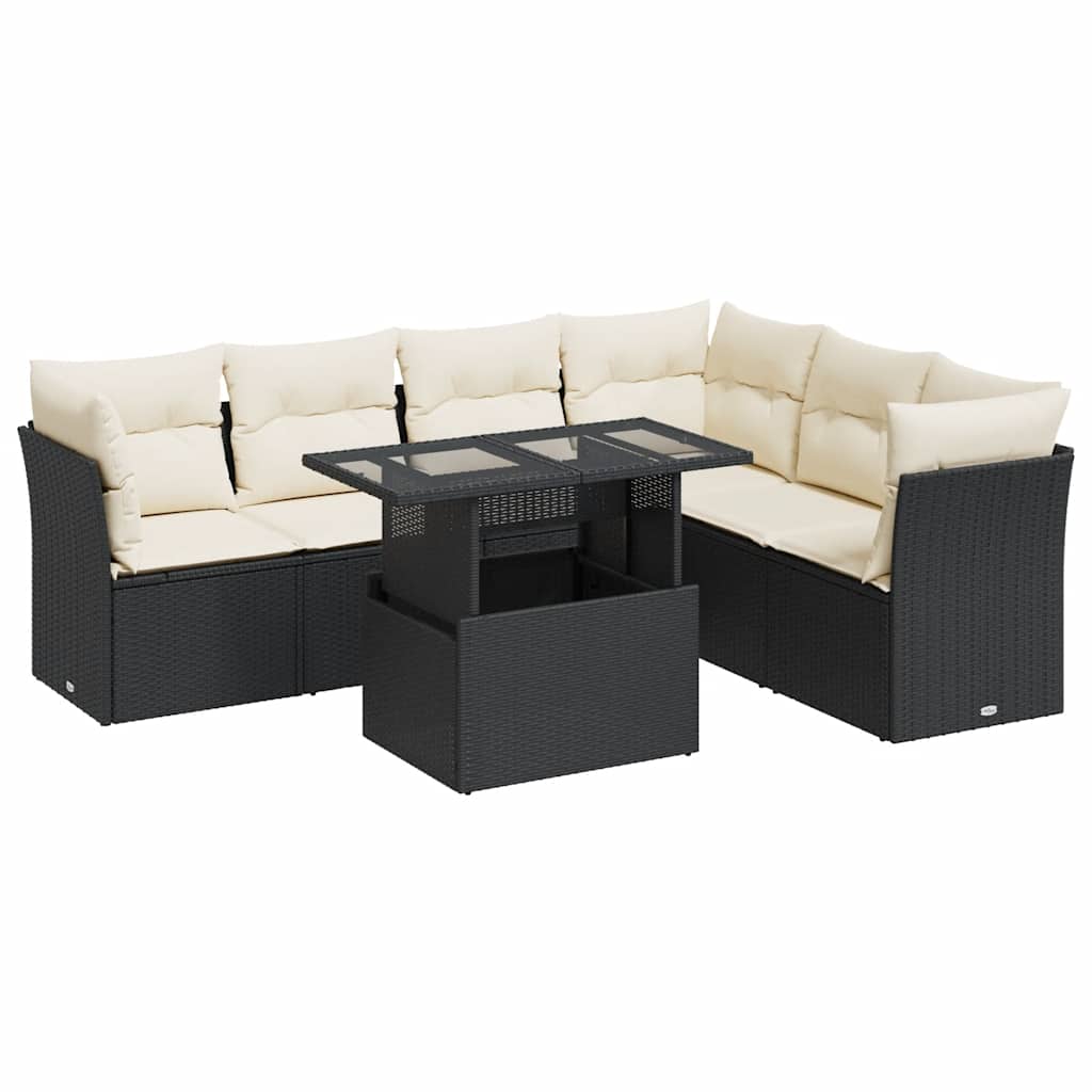 7 részes fekete polyrattan kerti ülőgarnitúra párnával