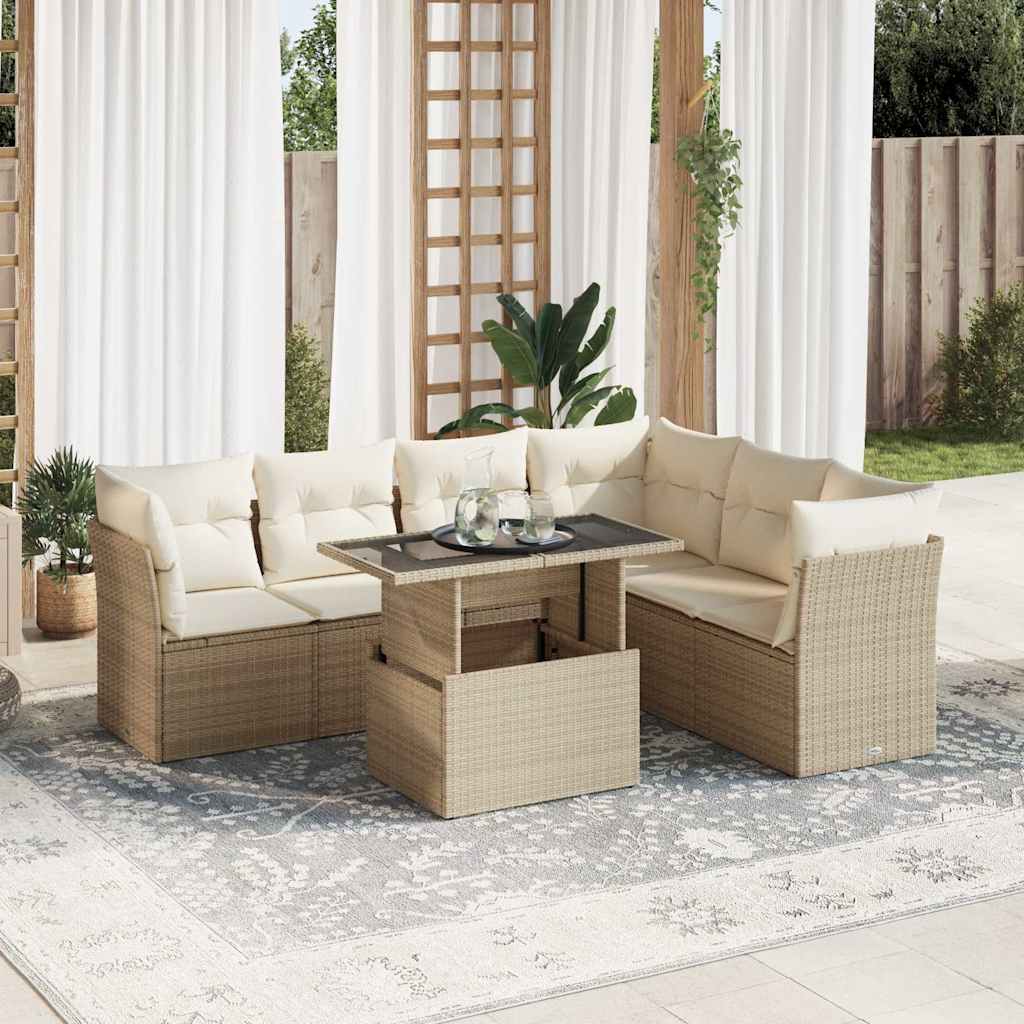7 részes bézs polyrattan kerti ülőgarnitúra párnákkal