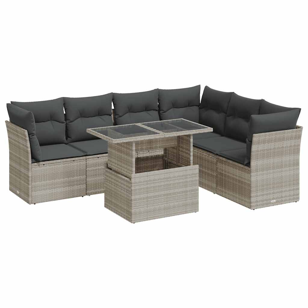 7 részes világosszürke polyrattan kerti ülőgarnitúra párnákkal